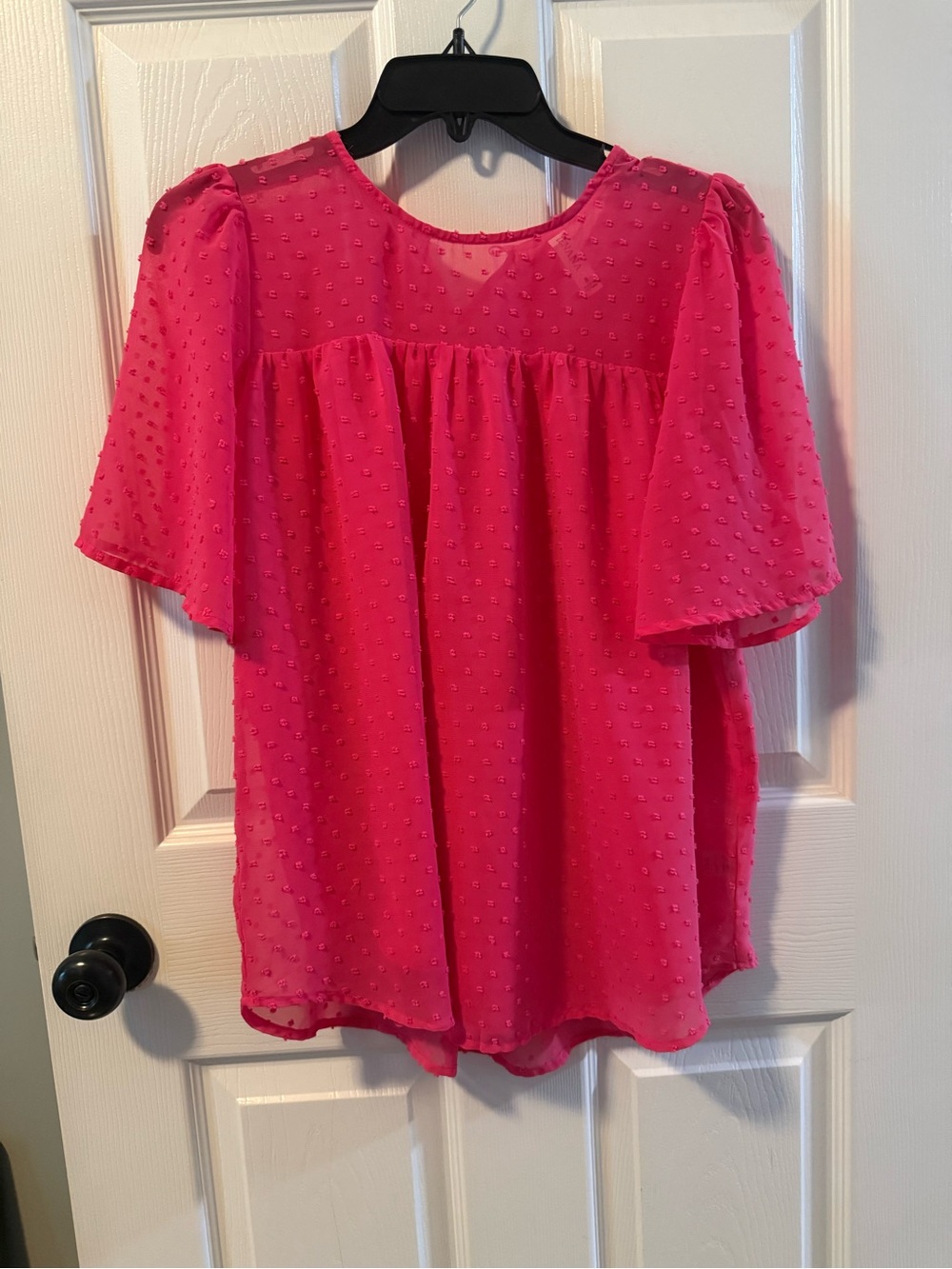 Zenana Outfitters Hot Pink Swiss Dot Flutter Sleeve Blouse